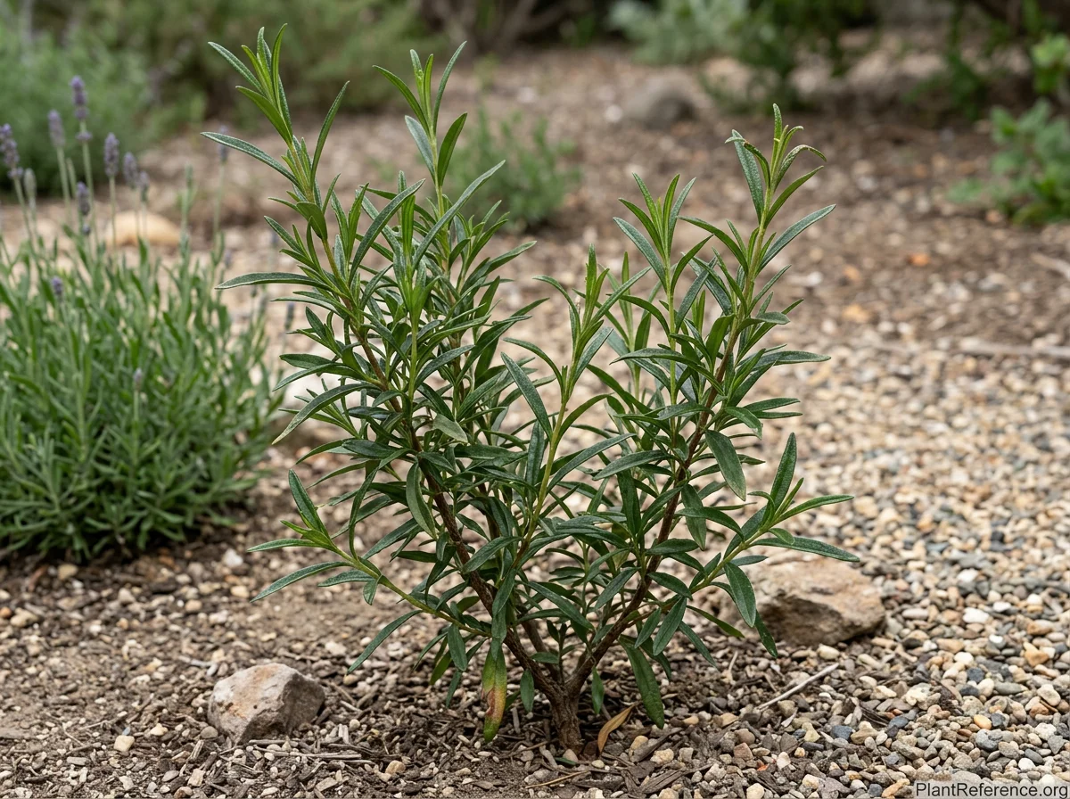 Young gum rockrose approximately one year after planting, showing the narrow dark green sticky lance-shaped leaves on upright stems before first flowering.