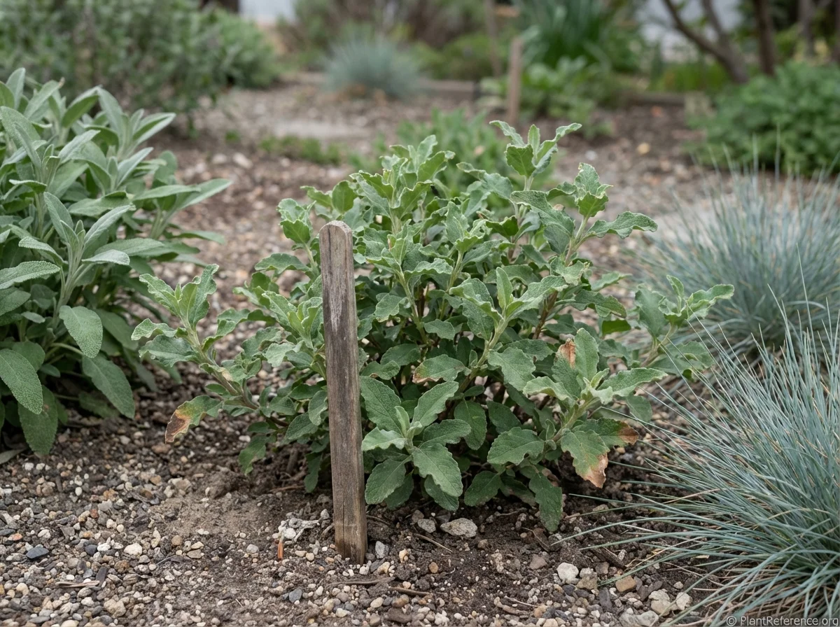 Young White Rockrose one year after planting, showing compact mounding grey-green stems before first flowering on dry decomposed granite.