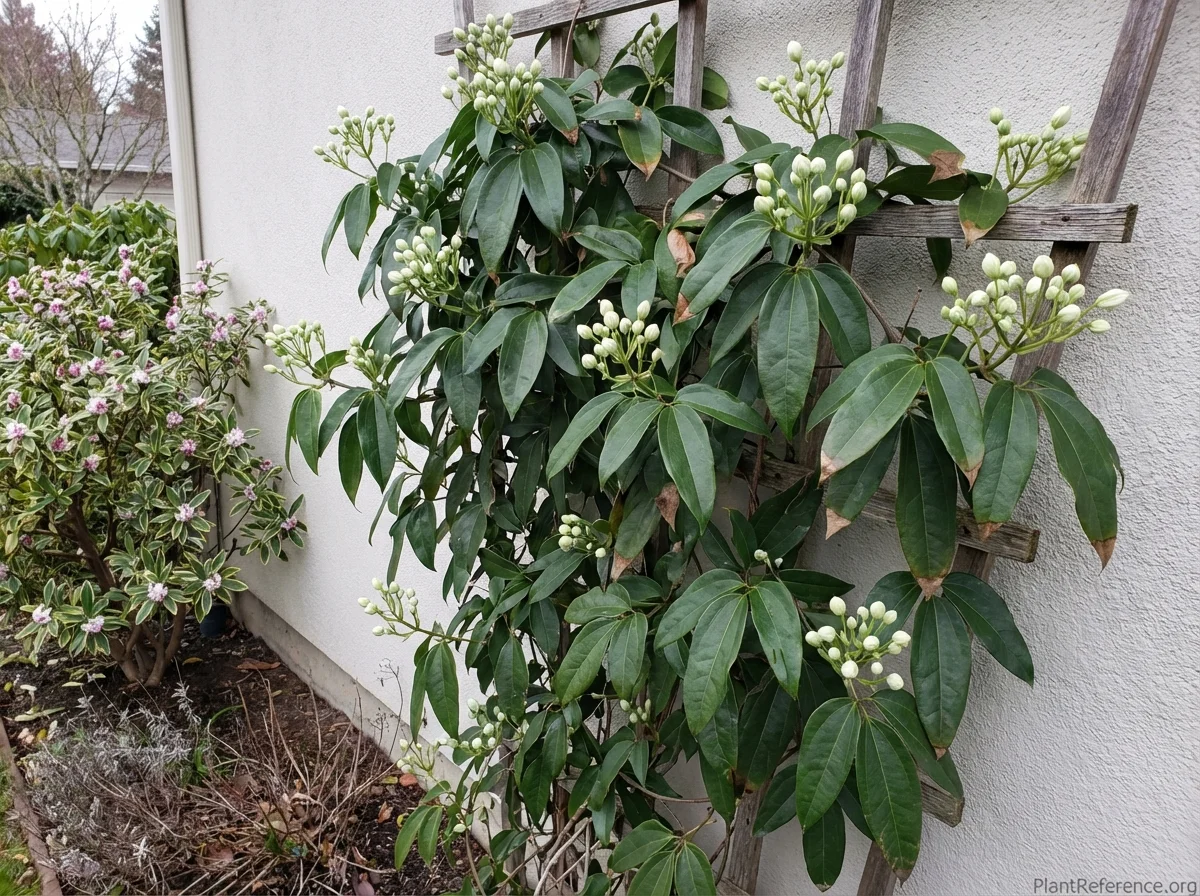 Clematis armandii on a wall trellis in late February with bold leathery trifoliate leaves and white flower bud clusters just beginning to swell before opening.