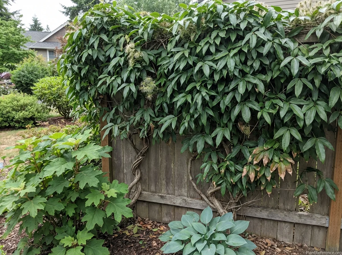 Clematis armandii in summer providing dense evergreen coverage on a timber fence, showing the bold leathery trifoliate leaves and heavy woody stems.