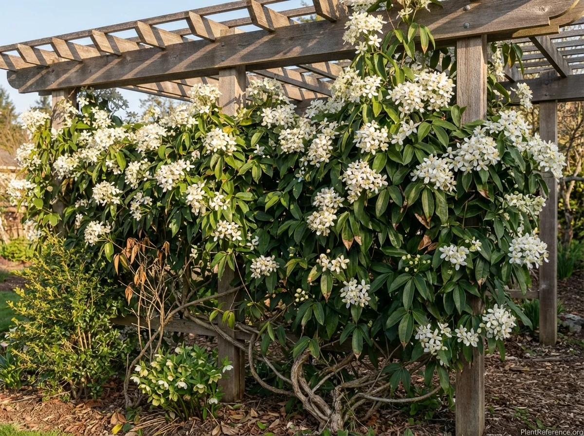 Mature Clematis armandii covering a wooden pergola in late March, with bold leathery dark green trifoliate leaves and abundant fragrant white flower clusters.
