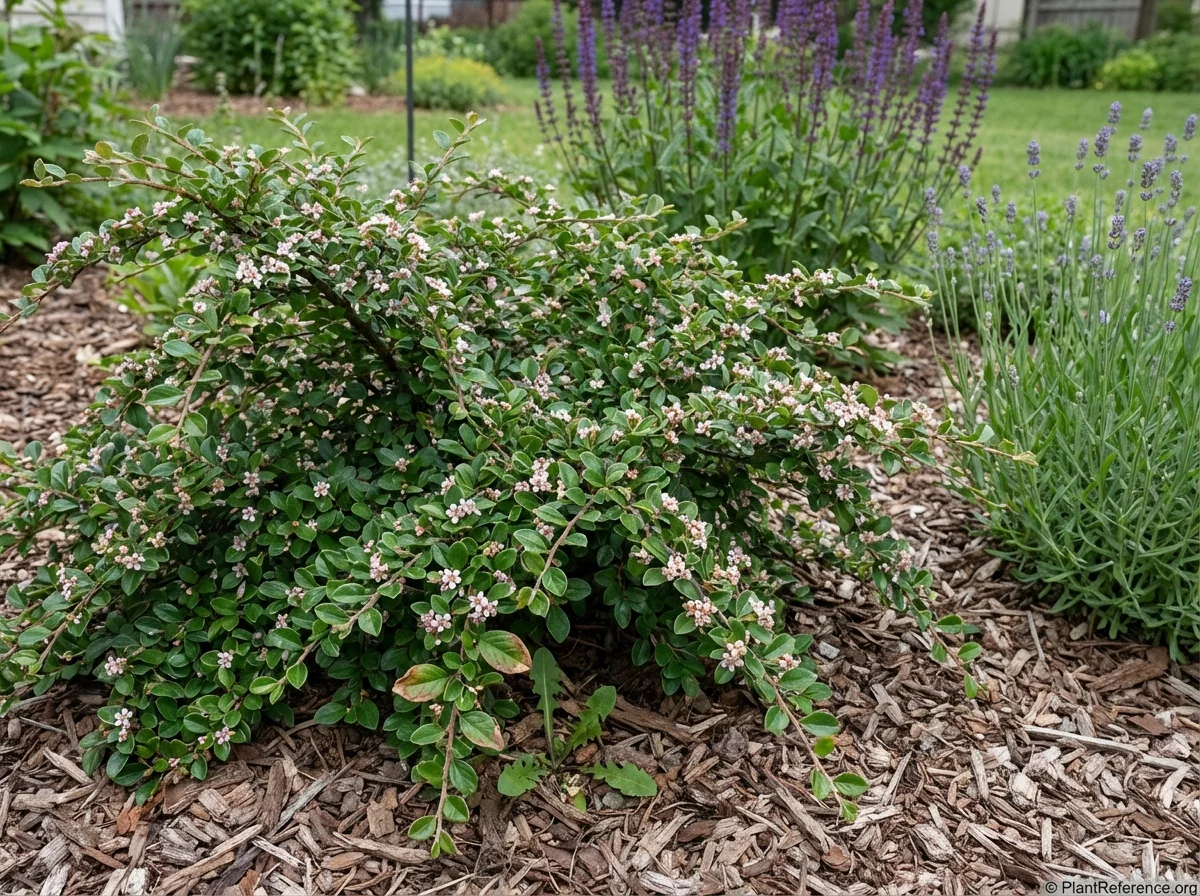 Mature Cotoneaster buxifolius in a cottage-style mixed border in late May, dense 3-foot mound covered in small pinkish-white flowers along arching stems, with lavender companion at right