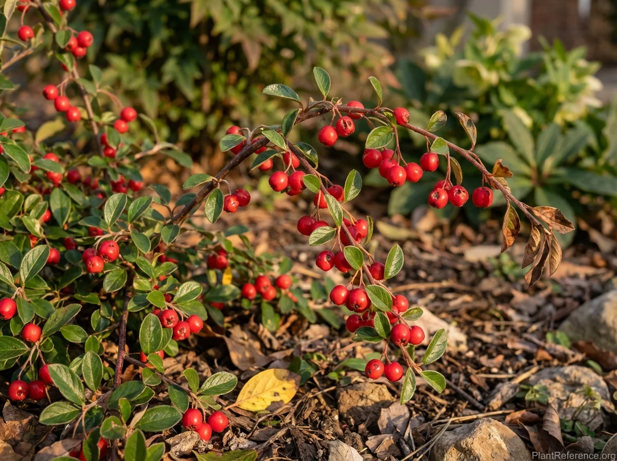 Close-up of Cotoneaster buxifolius stems in December, showing persistent bright red berries 1/4 inch in diameter and small glossy oval leaves, with Nandina blurred in background