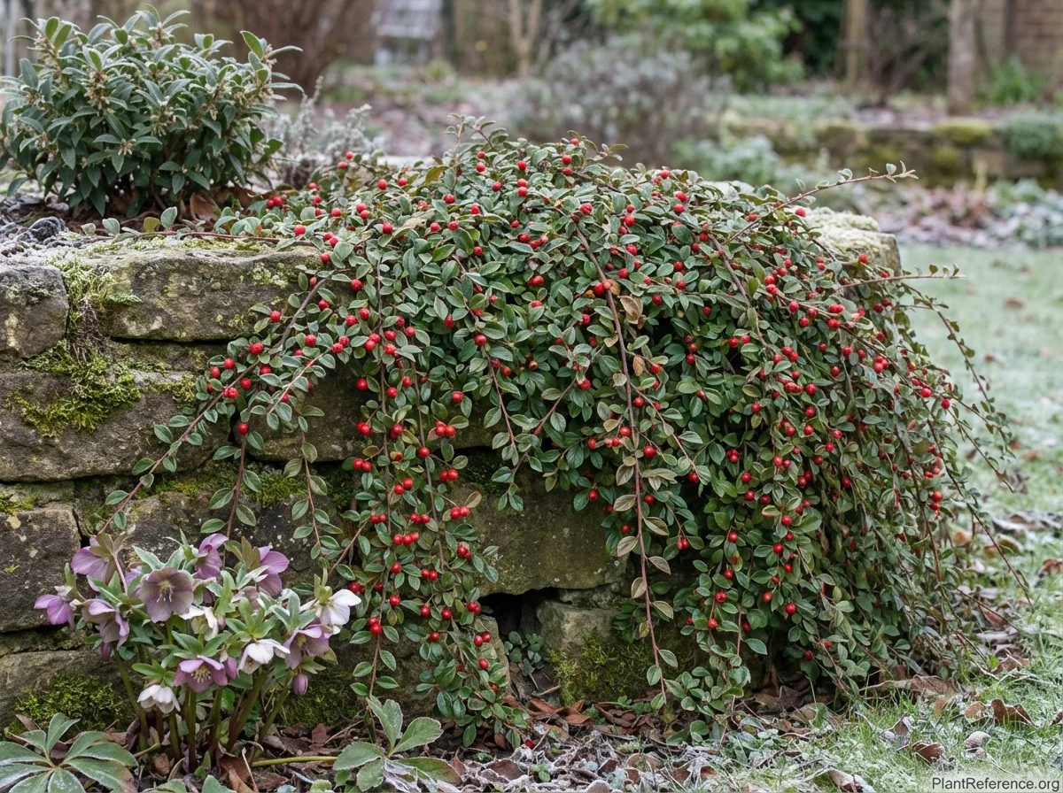 Mid-age Cotoneaster dammeri cascading over a stone retaining wall in January, evergreen glossy trailing stems with persistent red berries, Helleborus blooming at base of wall