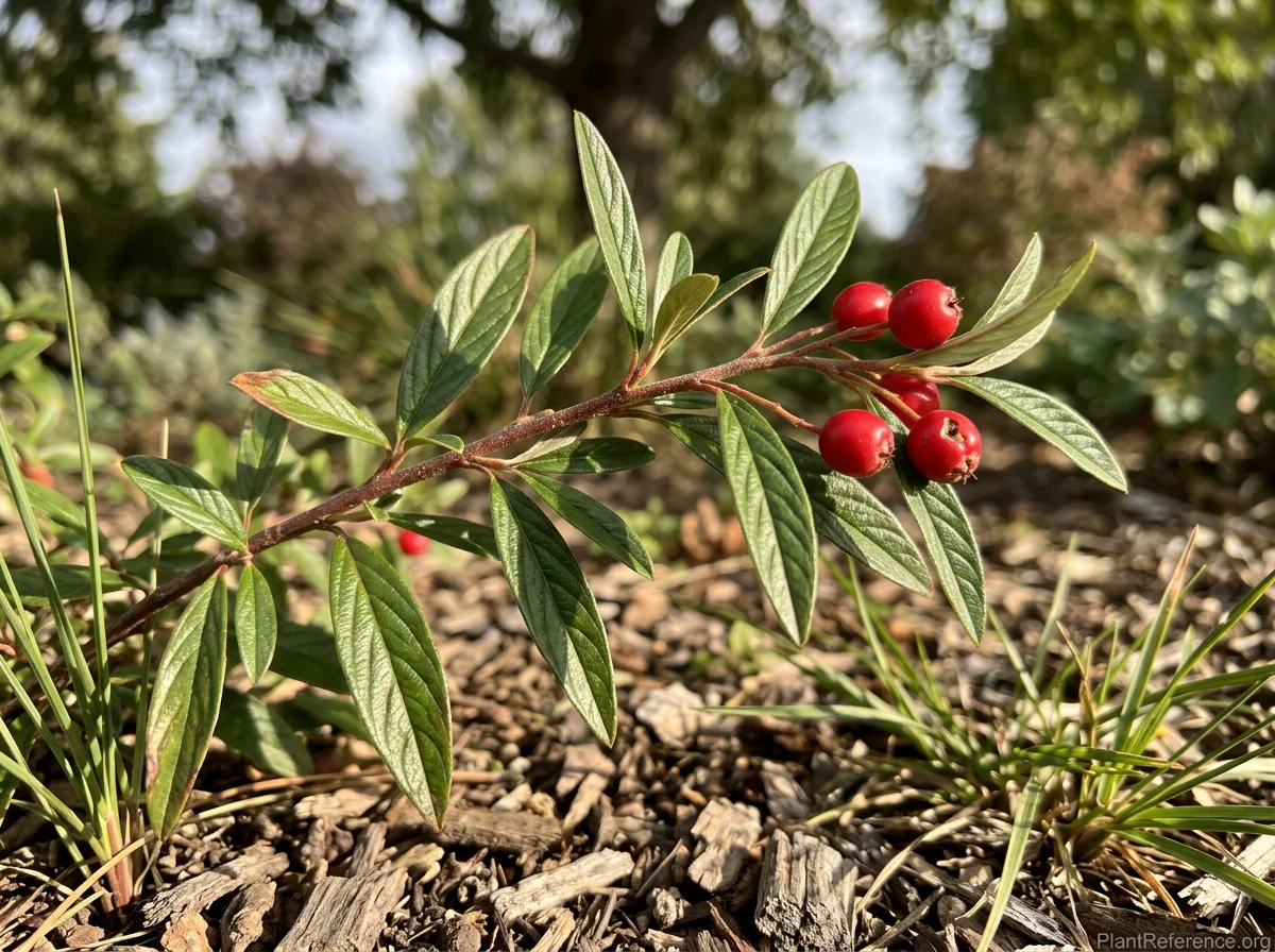 Close-up of Cotoneaster salicifolius cultivar Repens arching stem showing narrow lanceolate leaves with glossy dark green upper surface, pronounced parallel venation as impressed ribs, paler underside, and bright red pomes with persistent calyx at stem tip.