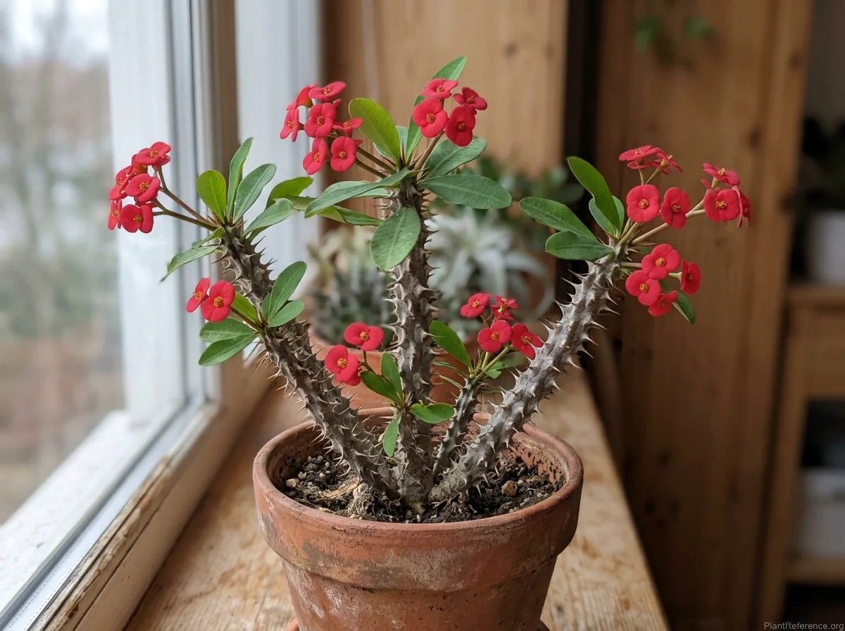 Crown of thorns with spiny stems and clusters of small red flower bracts in a terracotta pot