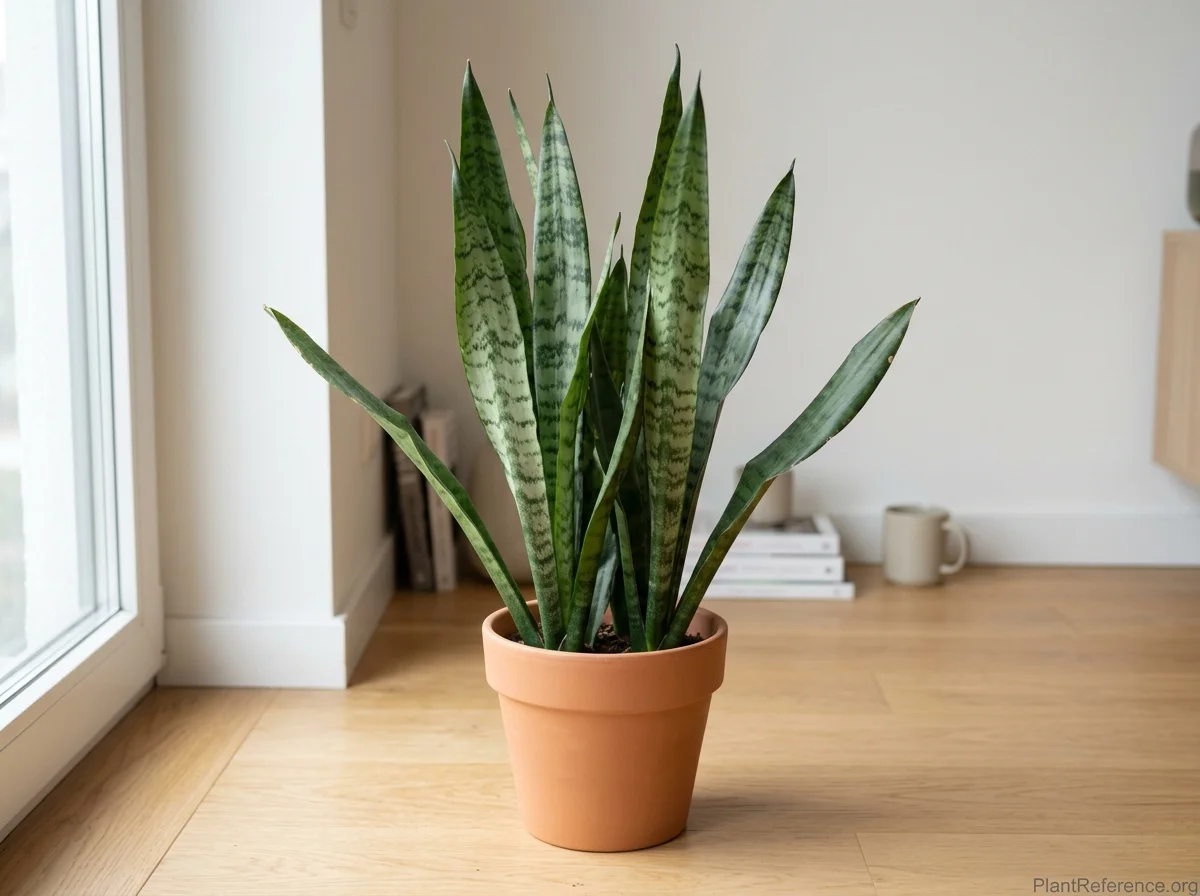 Mature snake plant (Sansevieria trifasciata) with upright banded sword-shaped leaves in a terracotta pot beside a bright window