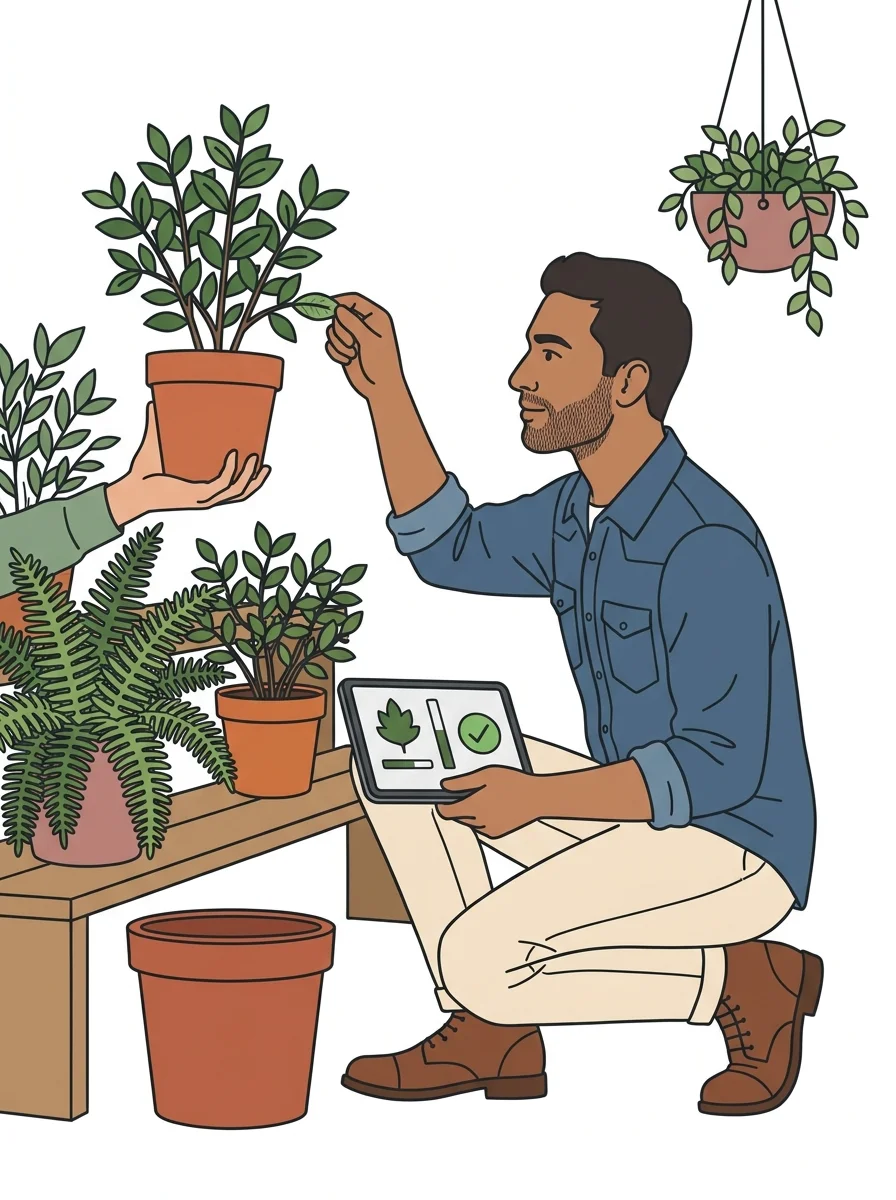 Gardener examining plants with digital tools in a community garden