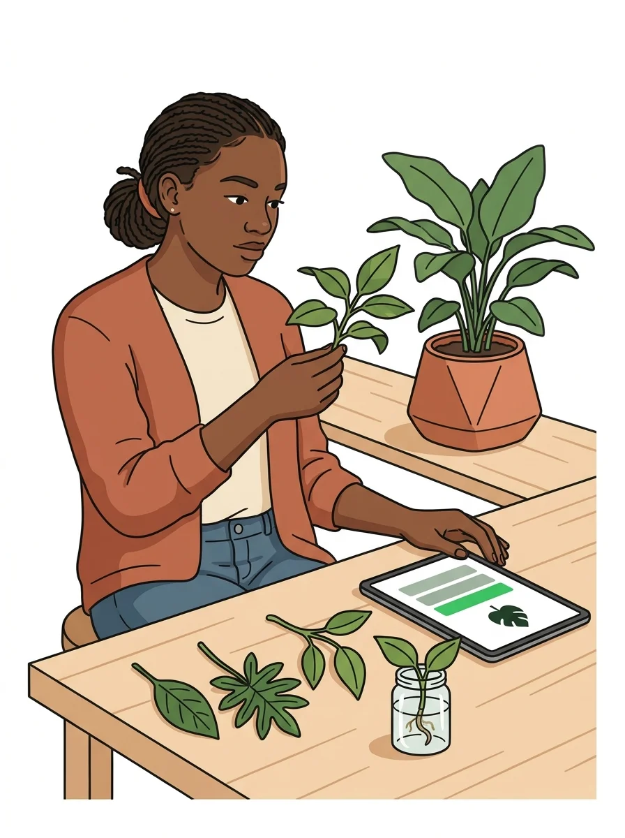 Gardener examining plants with digital tools in a community garden
