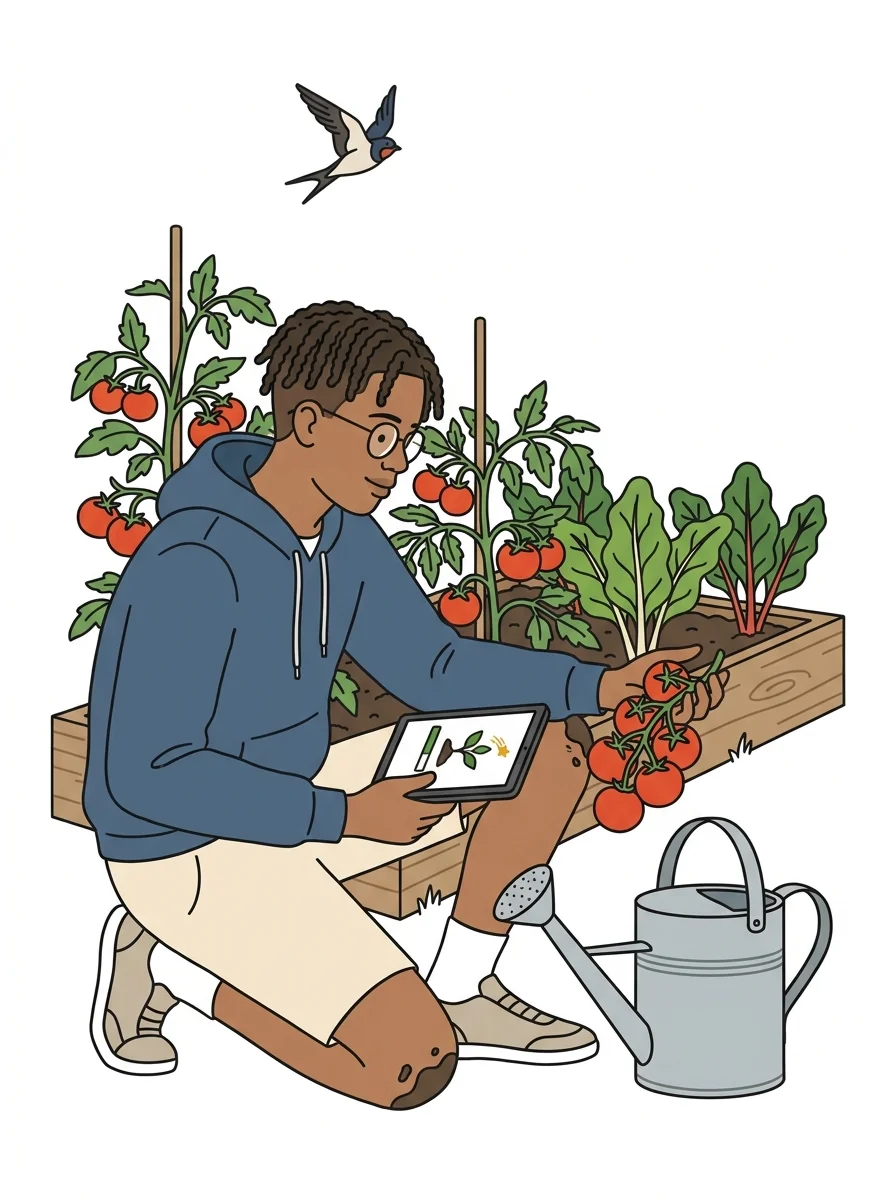 Gardener examining plants with digital tools in a community garden