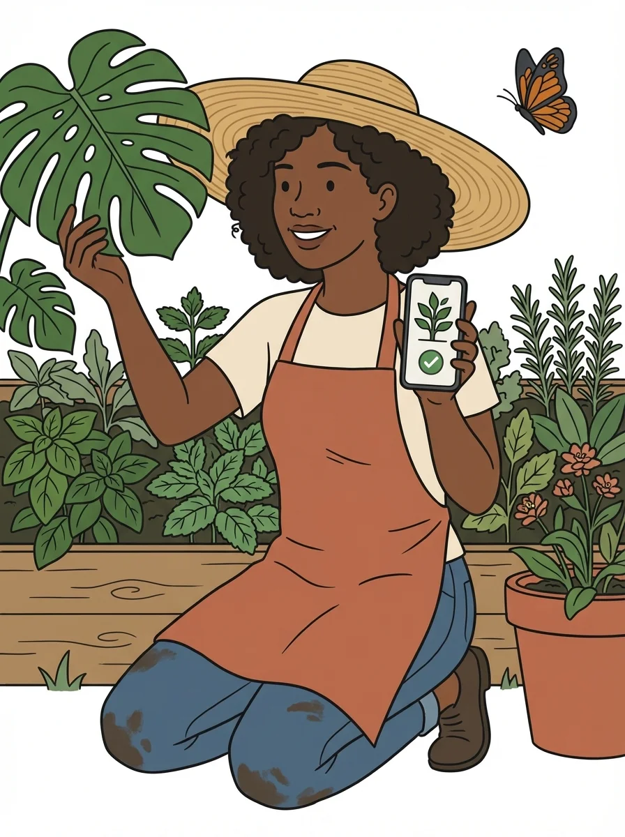 Gardener examining plants with digital tools in a community garden